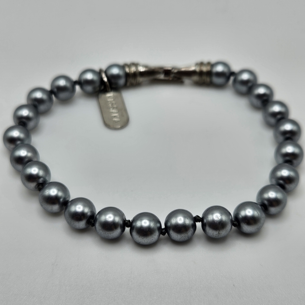 VINTAGE Kissaka Signed Gray Grey Glass Pearl Beaded Bracelet